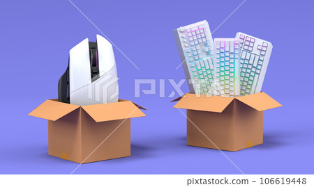 Set of gamer mouse and keyboard in cardboard box on violet background 106619448