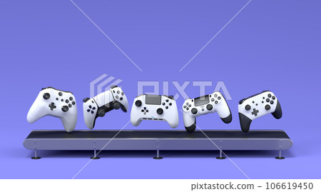 Set of gamer joysticks or gamepads on factory line on violet background Set of gamer joysticks or gamepads on factory line on violet background 106619450