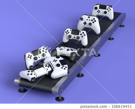 Set of gamer joysticks or gamepads on factory line on violet background Set of gamer joysticks or gamepads on factory line on violet background 106619451