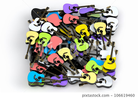 Heap of flying acoustic guitars isolated on white background. 106619460