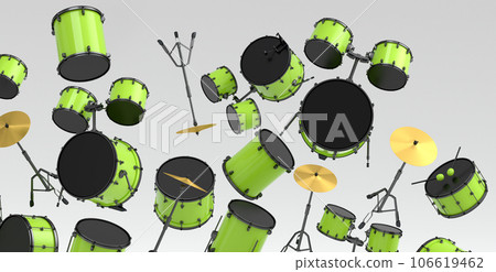 Many of flying drums with metal cymbals or drumset on white background Many of flying drums with metal cymbals or drumset on white background 106619462