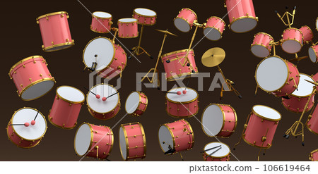Many of flying drums with metal cymbals or drumset on black background Many of flying drums with metal cymbals or drumset on black background 106619464