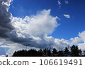 large white cloud and blurry white strokes against a bright blue sky. The cumulus nature of the clouds is a harbinger of a downpour 106619491