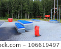 Equipped fire site on the territory of a gas station. In white letters it is written in Russian: Sand, flammable, fire equipment 106619497