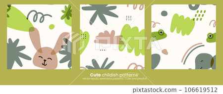 Set of trendy childrens patterns with animals. and natural objects. Bright colors with an overlay. Drawing with marker or riso print. Vector contemporary illustration in green and beige colors Set of trendy childrens patterns with animals. and natural objects. Bright colors with an overlay. Drawing with marker or riso print. Vector contemporary illustration in green and beige colors 106619512
