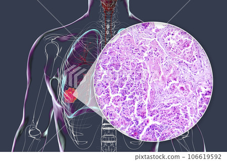 Lung cancer, 3D illustration and light micrograph Lung cancer, 3D illustration and light micrograph 106619592