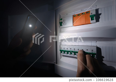 Blackout concept, energy crisis. Home fuse box Blackout concept, energy crisis. Home fuse box 106619628