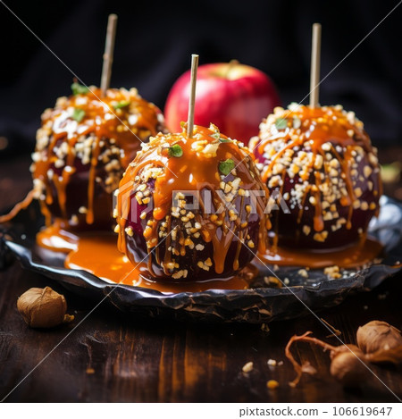 Caramel apples with topping on a dark background. Beautiful delicious caramel apples with a nut topping on a table in a plate.  Fruit illustration. AI generated apples. 106619647