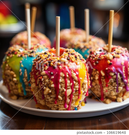 Caramel apples with bright colorful topping on a dark background. Halloween. Delicious caramel apples with a nut topping on a table in a plate.  Fruit illustration. AI generated apples. Autumn holiday 106619648