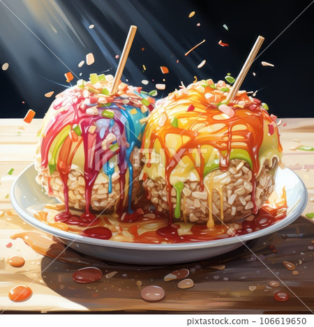 Caramel apples with bright colorful topping on a dark background. Halloween. Delicious caramel apples with a nut topping on a table in a plate.  Fruit illustration. AI generated apples. Autumn holiday 106619650