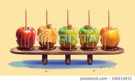 Caramel apples with bright colorful topping on a dark background. Halloween. Delicious caramel apples with a nut topping on a table in a plate.  Fruit illustration. AI generated apples. Autumn holiday 106619652