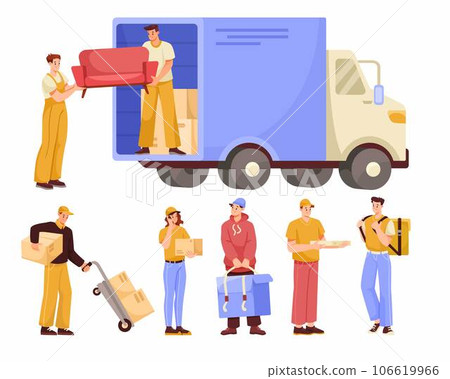Goods Delivery with Man Carrier or Courier Working Vector Set Goods Delivery with Man Carrier or Courier Working Vector Set 106619966