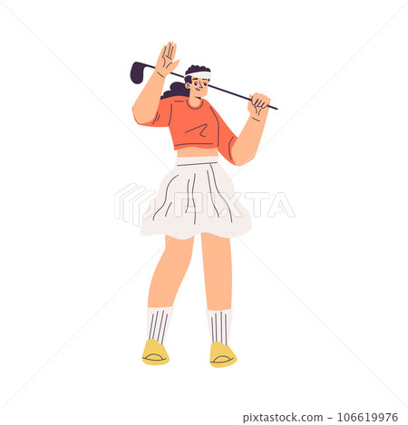 Woman Character Golf Playing Training with Golf Club Vector Illustration Woman Character Golf Playing Training with Golf Club Vector Illustration 106619976
