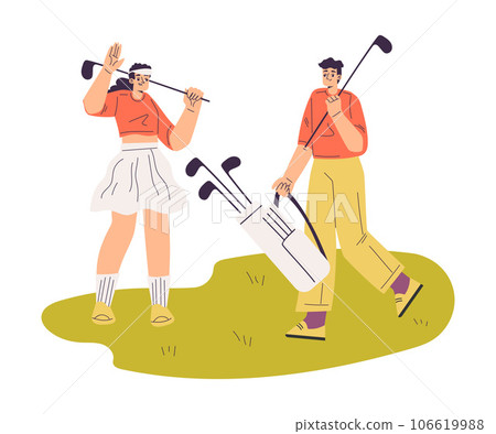 Man and Woman Character Golf Playing Training with Golf Clubs on Green Grass Vector Illustration 106619988