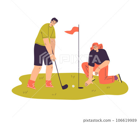 Man and Woman Character Golf Playing Training with Golf Clubs on Green Grass Vector Illustration 106619989