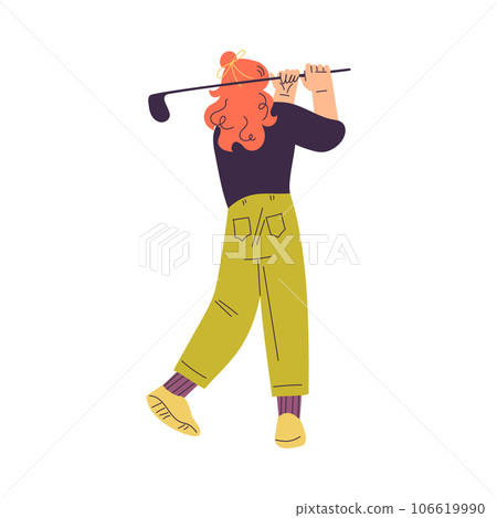 Woman Character Golf Playing Training with Golf Club Vector Illustration 106619990
