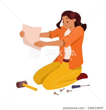 Furniture Assembly with Woman Assembling and Fixing Sitting on Floor Study Instruction Vector Illustration 106619997