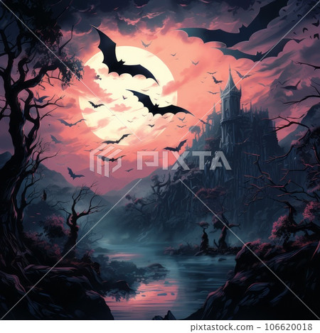 Halloween background with haunted house and bats flying in the night scary forest with full moon, vector illustration. Halloween background with bats flying in the night scary forest with full moon. Halloween background with haunted house and bats flying in the night scary forest with full moon, vector illustration. Halloween background with bats flying in the night scary forest with full moon. 106620018