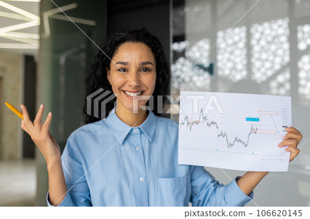 Video call, latin american woman inside office showing to camera graph with positive achievement results, webcam view online startup presentation, business woman looking at camera smiling. 106620145