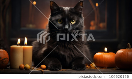 Black cat sitting surrounded by Halloween pumpkins with smiling scary faces and candles. Beautiful Halloween black cat sitting on a dark background with Halloween pumpkins in a spooky environment. Black cat sitting surrounded by Halloween pumpkins with smiling scary faces and candles. Beautiful Halloween black cat sitting on a dark background with Halloween pumpkins in a spooky environment. 106620156