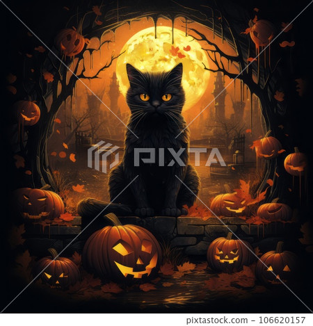 Black cat sitting on a dark background surrounded by Halloween pumpkins with smiling scary faces. Beautiful Halloween black cat sitting with orange Halloween pumpkins in a spooky dark environment. Black cat sitting on a dark background surrounded by Halloween pumpkins with smiling scary faces. Beautiful Halloween black cat sitting with orange Halloween pumpkins in a spooky dark environment. 106620157