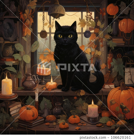 Black cat sitting surrounded by Halloween pumpkins with smiling scary faces and candles. Beautiful Halloween black cat sitting on a dark background with Halloween pumpkins in a spooky environment. Black cat sitting surrounded by Halloween pumpkins with smiling scary faces and candles. Beautiful Halloween black cat sitting on a dark background with Halloween pumpkins in a spooky environment. 106620161