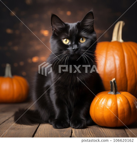 Black cat sitting on a dark background surrounded by Halloween pumpkins with smiling scary faces. Beautiful Halloween black cat sitting with orange Halloween pumpkins in a spooky dark environment. 106620162