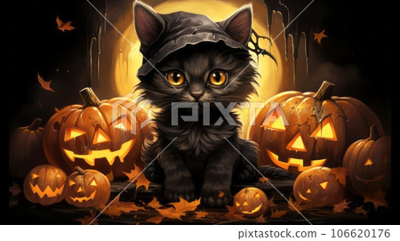 Black cat sitting on a white background surrounded by Halloween pumpkins with smiling scary faces. Illustration of a black cat sitting with orange Halloween pumpkins. Simple drawing. Clip art. Picture Black cat sitting on a white background surrounded by Halloween pumpkins with smiling scary faces. Illustration of a black cat sitting with orange Halloween pumpkins. Simple drawing. Clip art. Picture 106620176