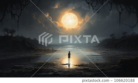 Man standing on the shore of a sea with a big yellow full moon on the background at night. Person standing on the shore of a lake in the dark with a cloudy sky and a golden moon in clouds in middle. Man standing on the shore of a sea with a big yellow full moon on the background at night. Person standing on the shore of a lake in the dark with a cloudy sky and a golden moon in clouds in middle. 106620188