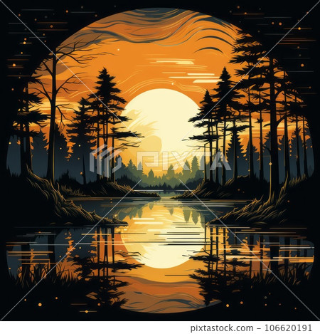Scary forest with full moon. Halloween background and wallpaper. Spooky dark forest with a cloudy sky and a big full moon in the background. Mysterious night Halloween forest with moonlight and clouds 106620191