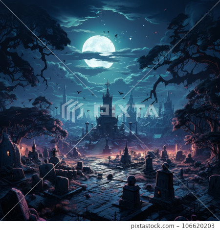 Graveyard on the background of a full moon and a castle at a deep foggy night with a cloudy sky. Halloween background wallpaper with a cemetery in a dark spooky forest with a full moon in the sky. 106620203
