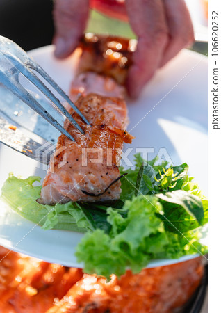 Freshly cooked red fish steak on the grill. Freshly cooked red fish steak on the grill. 106620252