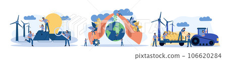 Ecology city environment energy Earth day design. Woman and man building solar panel vector illustration. Concept eco nature save. Recycle technology and planet clean 106620284