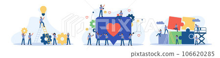 Man and woman business organization with circle gear vector concept illustration mechanism teamwork. Skill job cooperation coworker person. Group company process development structure workforce banner 106620285