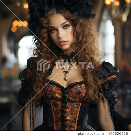 Beautiful hot girl in a sexy witch costume with a witch hat looking at the camera. Portrait of a seductive woman with long hair wearing a hat and a sexy witch suit on a blurred dark background. 106620316