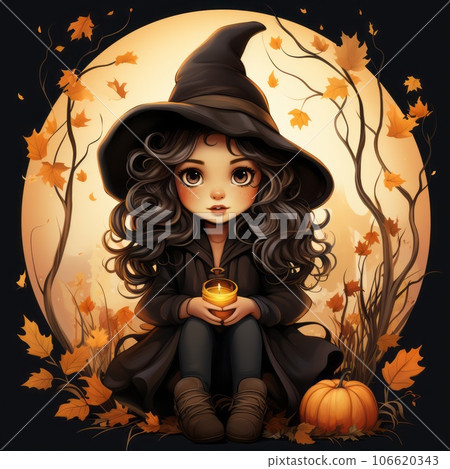 Cute little girl in a witch costume with a witch hat standing surrounded by Halloween pumpkins illustration. Beautiful small girl in a hat and a black witch suit on a blurred background. AI generated. Cute little girl in a witch costume with a witch hat standing surrounded by Halloween pumpkins illustration. Beautiful small girl in a hat and a black witch suit on a blurred background. AI generated. 106620343