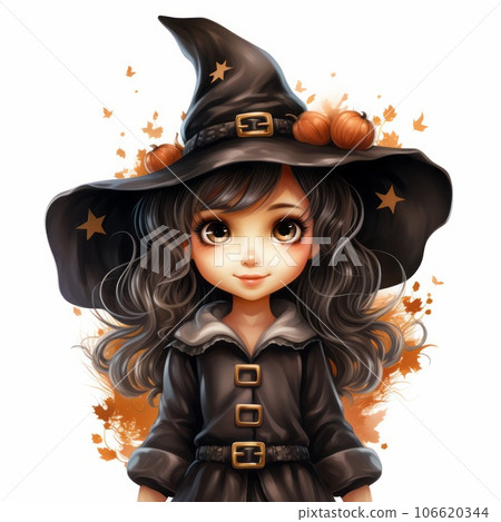 Vector illustration of a Cute little girl in a witch costume with a witch hat standing on a white background. Beautiful small girl with long wavy hair in a hat and a witch suit picture. Flat design. 106620344