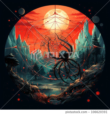 Big spider web background with spiders. Scary spider web wallpaper with crawling spiders at night. Closeup of a creepy spider web on a dark background. Halloween spider web illustration. 106620391
