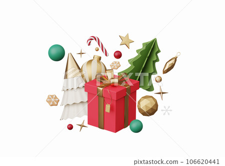 3D render Christmas ornament elements decoration isolated on white background, Xmas icons including of gift box, Christmas ball, gold confetti, candy cane and golden star, design for greeting card. 106620441