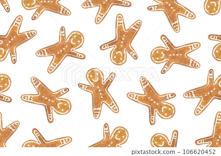 Cute watercolor Christmas pattern with gingerbread man cookies. Bright watercolour ginger cookie texture for New Year textile, holiday decor design, wrapping paper 106620452