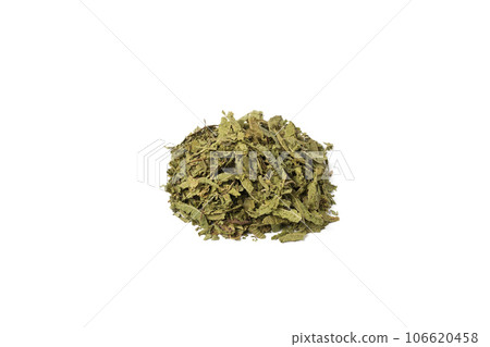 Dried leaves o Lemon verbena in latin Aloysia citrodora heap isolated on white background. Medicinal herb. Dried leaves o Lemon verbena in latin Aloysia citrodora heap isolated on white background. Medicinal herb. 106620458
