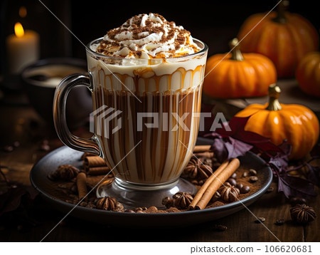 Still life of Delicious pumpkin spice latte cappuccino coffee with whipped cream and caramel in mug. Still life of Delicious pumpkin spice latte cappuccino coffee with whipped cream and caramel in mug. 106620681