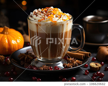 Still life of Delicious pumpkin spice latte cappuccino coffee with whipped cream and caramel in mug. 106620682