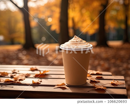Delicious pumpkin spice latte cappuccino in a to go paper cup standing on a bench in autumn park 106620693
