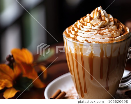 Still life of Delicious pumpkin spice latte cappuccino coffee with whipped cream and caramel in mug. Still life of Delicious pumpkin spice latte cappuccino coffee with whipped cream and caramel in mug. 106620698