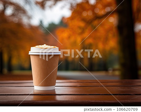 Delicious pumpkin spice latte cappuccino in a to go paper cup standing on a bench in autumn park Delicious pumpkin spice latte cappuccino in a to go paper cup standing on a bench in autumn park 106620709