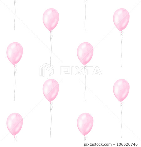 Seamless pattern pink balloons, girl kids birthday surprise. Hand drawn watercolor illustration isolated on transparent background. For gender reveal party, baby shower, children's design 106620746