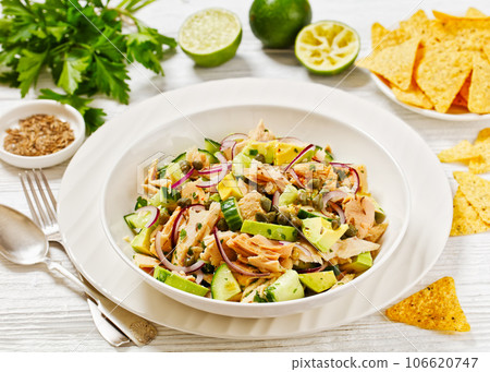 tuna salad with avocado, onion, cucumber, capers 106620747