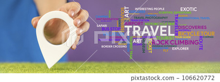 Travel planning. GPS pin symbol in hand and a word cloud on the theme of travel in different colors and sizes on a purple background. Banner on the theme of travel. Travel planning. GPS pin symbol in hand and a word cloud on the theme of travel in different colors and sizes on a purple background. Banner on the theme of travel. 106620772