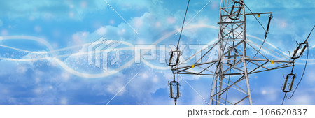 A glowing sine line against a background of a power pole and a sky with clouds. 106620837